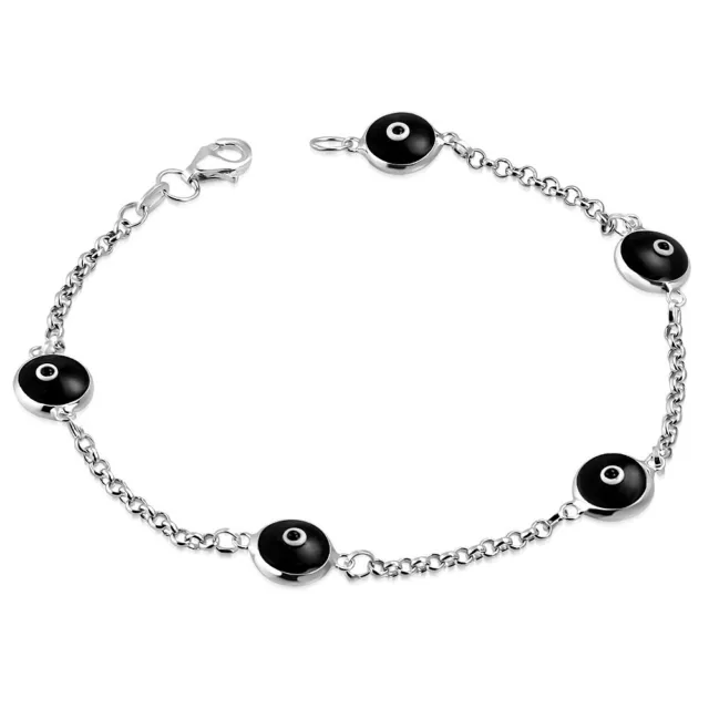 925 Sterling Silver Blue Evil Eye Protection Link Chain Bracelet, 7.5"