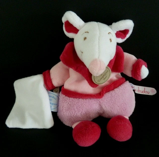 *. DOUDOU ET COMPAGNIE SOURIS ROSE MOUCHOIR BLANC graines de doudou 18c ET NEUF*