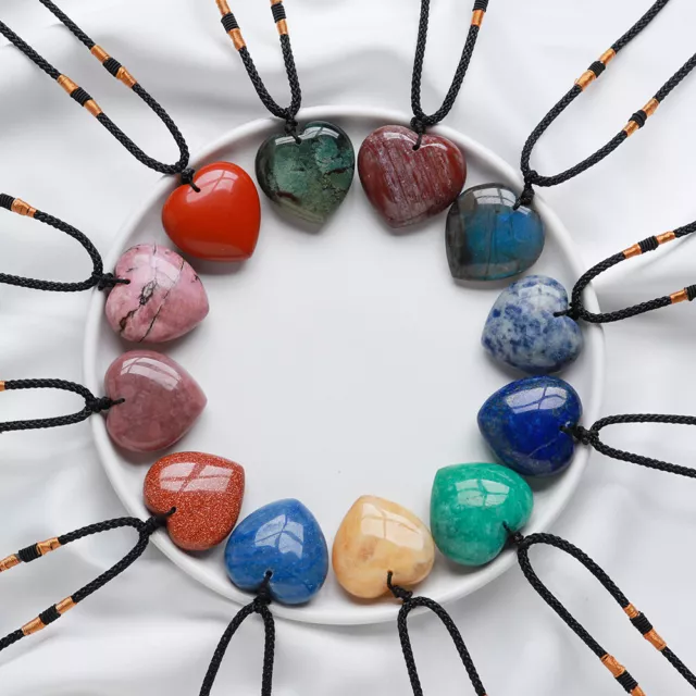 30mm Natural Crystal Love Heart Pendant Reiki Healing Gemstone Necklace Jewelry