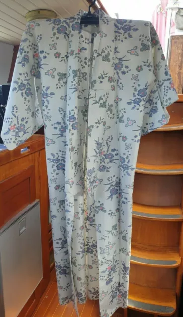 Lovely Pale Vintage Japanese Full Length Kimono With Blue And Pink Flowers