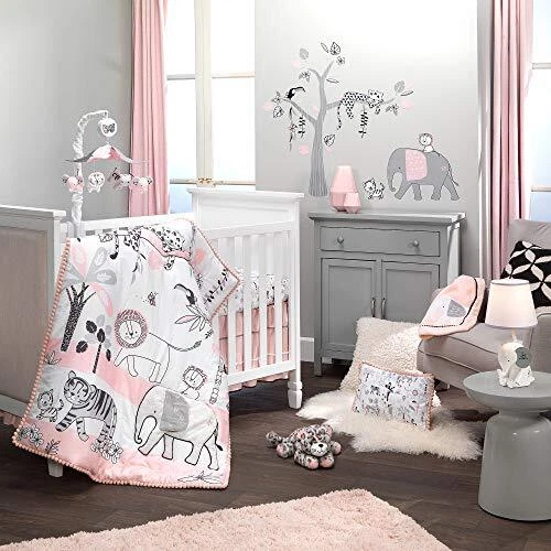 Happy Jungle Pink/White Safari Nursery 5-Piece Crib Bedding Set