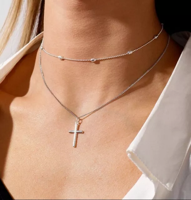 collier Double  femme argenté croix  collier style chapelet