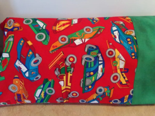 Travel-My Pillow-Toddler Size Pillowcase Color Race Cars/  Green Cuff 12" X 18"