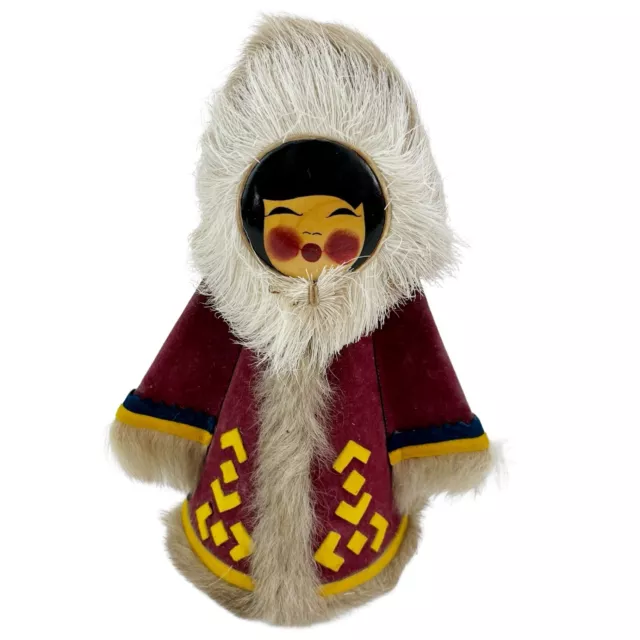 Vintage Handmade Doll Alaska Eskimo Inuit Folk Art Felt Fur Native American 7"