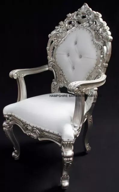 Royal Palace Ornate Throne Chair Silver Wedding Home  White Faux Leather Crystal