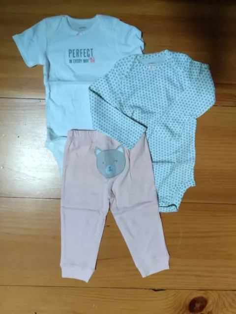 NEW Carters Girls Outfit Cat Print Animal Pink Gray Bodysuit Pants 3PC Set 18M