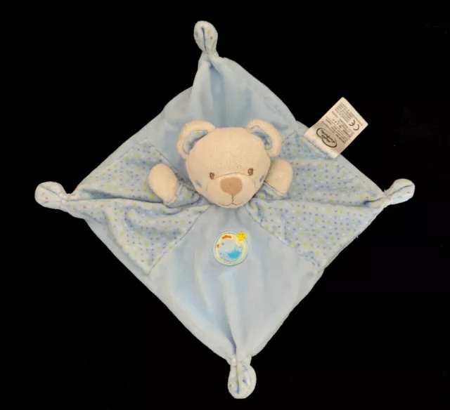 Doudou carré plat Ours bleu et blanc à pois oiseau Mots d'Enfants Leclerc