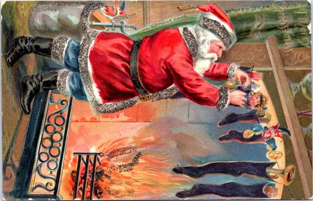Full Length SANTA Filling Stockings next to the Fire, CHRISTMAS Postcard