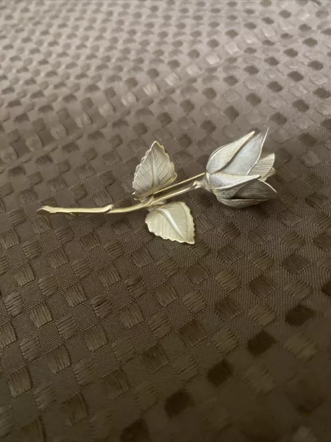 VINTAGE GIOVANNI LONG Stemmed Double Leaf Open Rose Pin/Brooch Gold ...
