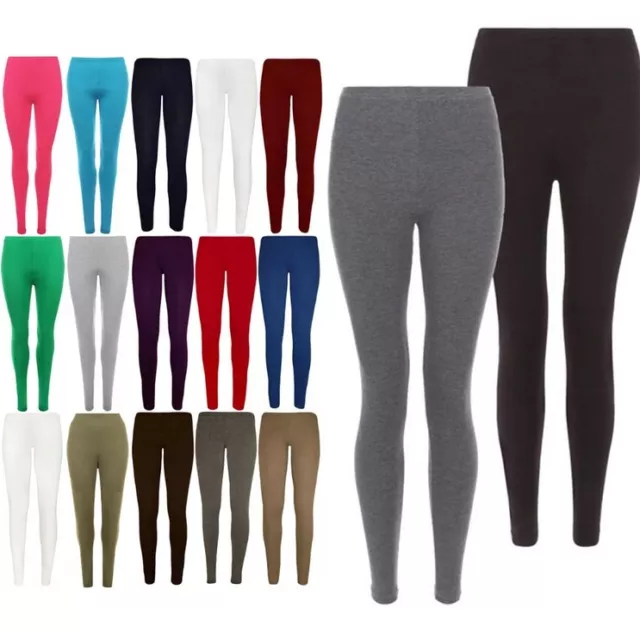 Ladies Womens Plain Leggings Full Length Cotton Black + Colours UK Size 6 - 26