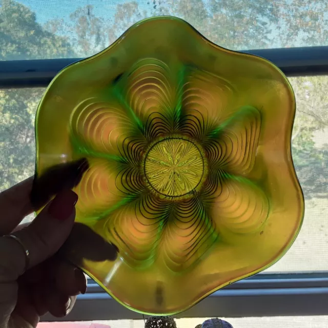 Fenton Carnival Glass Bowl-Green-Peacock Tail-Ruffled Edge