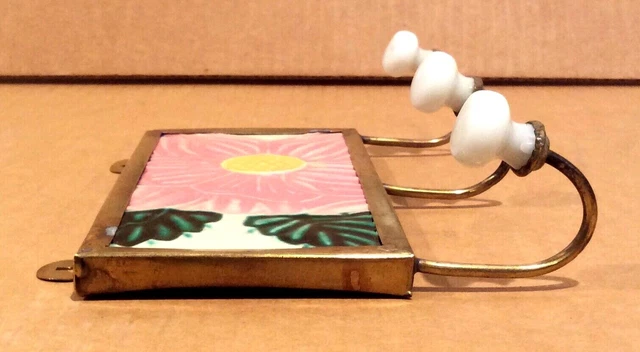 Japanese Tile and Brass Wall Hook, Vintage, Rose 3