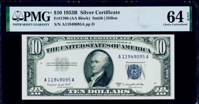 $10 1953B Silver Certificate Fr#1708 PMG 64 EPQ Choice Uncirculated