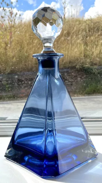 Vintage HUGE Art Deco Blue Pyramid Perfume Scent Bottle Decanter 28cm (H)