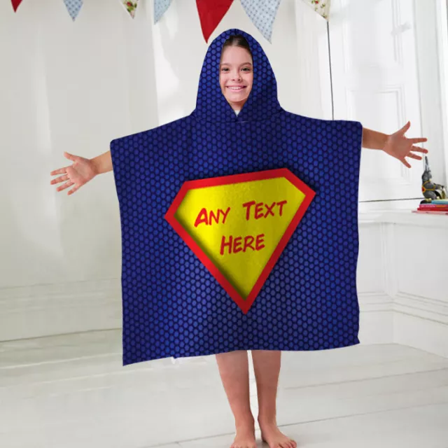 Kids Personalised Hooded Towel Poncho Superhero Childrens Bathrobe Swim Bath Sun