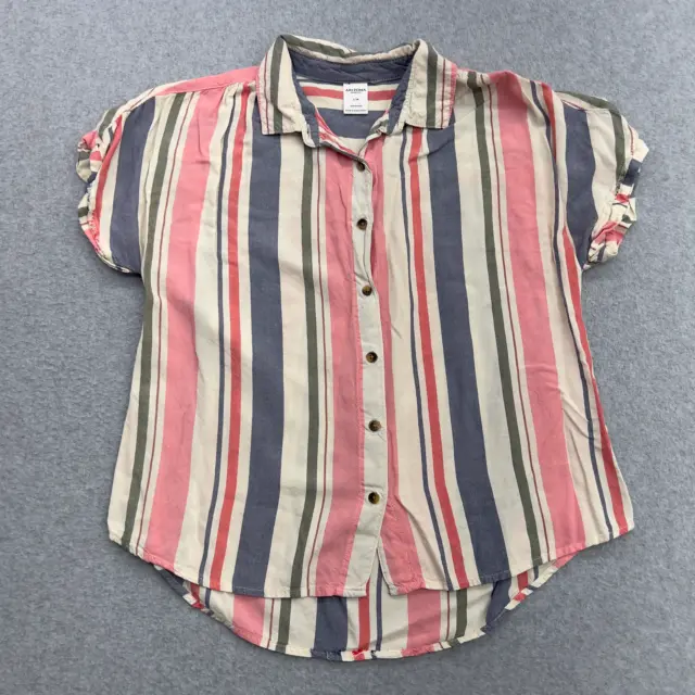 Arizona Jeans Shirt Womens Large Pink Striped Crop Button Front Colorful