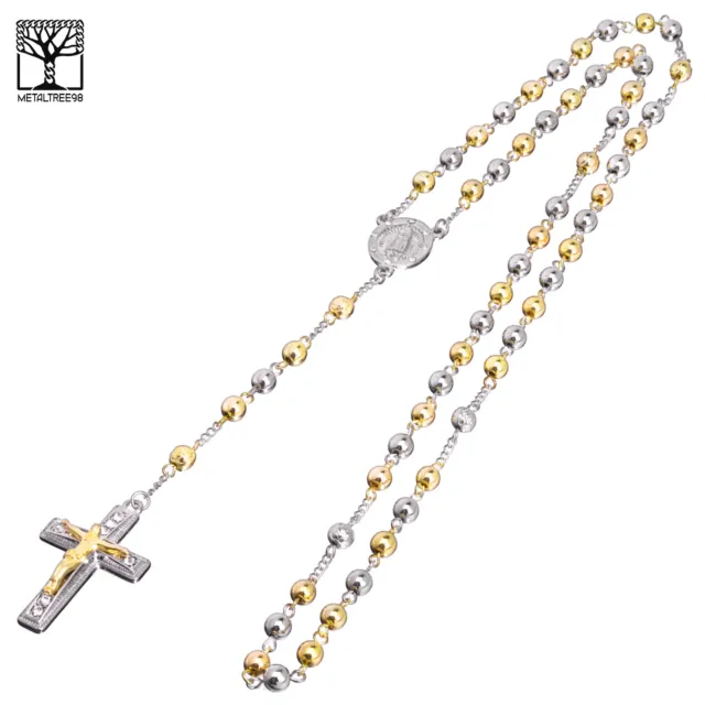 6 mm Bead Rosary G / S Plated Guadalupe & Jesus Cross 28" Necklace HR 600 SG