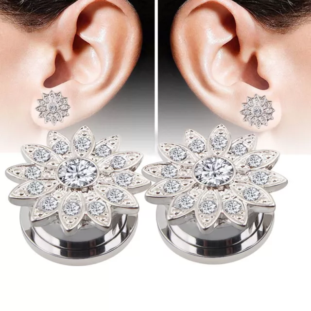 2pc Rhinestone Sunflower Ear Plug Steel Stretcher Screw On Flesh Tunnel Expander