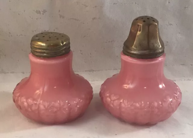 Antique Victorian Cased Pink Art Glass Floral Pattern Salt & Pepper Shakers Set