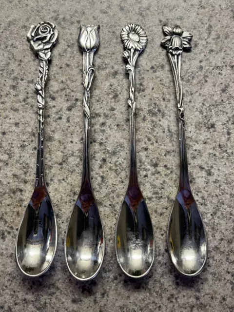 Vintage Holland Silver Floral Kingdom Demitasse Spoons Set of 4 Sugar