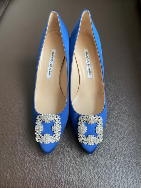 Authentic Manolo Blahnik Hangisi Blue Satin Jewel Buckle Pumps SZ39 2