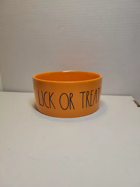 Rae Dunn Halloween CERAMIC PET Bowl - LICK OR TREAT 6" NEW Orange with Black