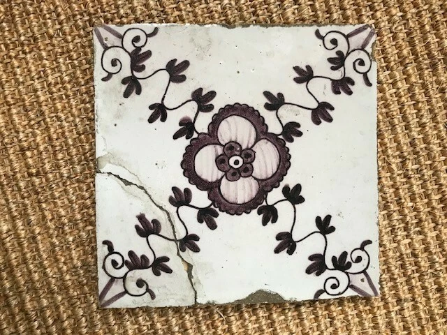 Antique 18C Dutch Delft Manganese Tile Featuring A Primrose