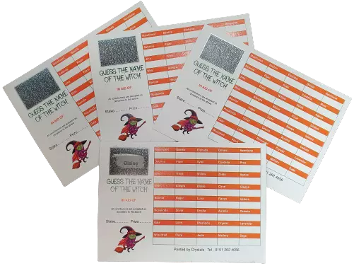 10 x 40 SQUARE GUESS THE NAME OF THE WITCH  HALLOWEEN FUNDRAISING SCRATCH CARDS
