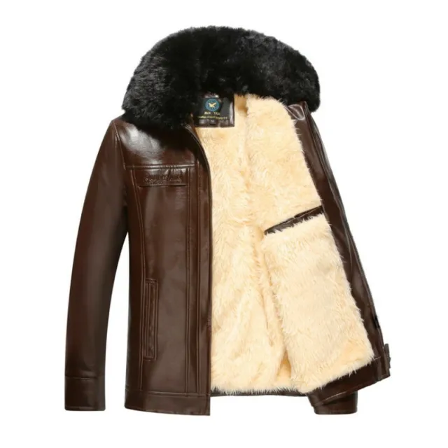Mens Winter Leather Fur collar Lapel Jacket Coat Trench Puffer Outwear Overcoats