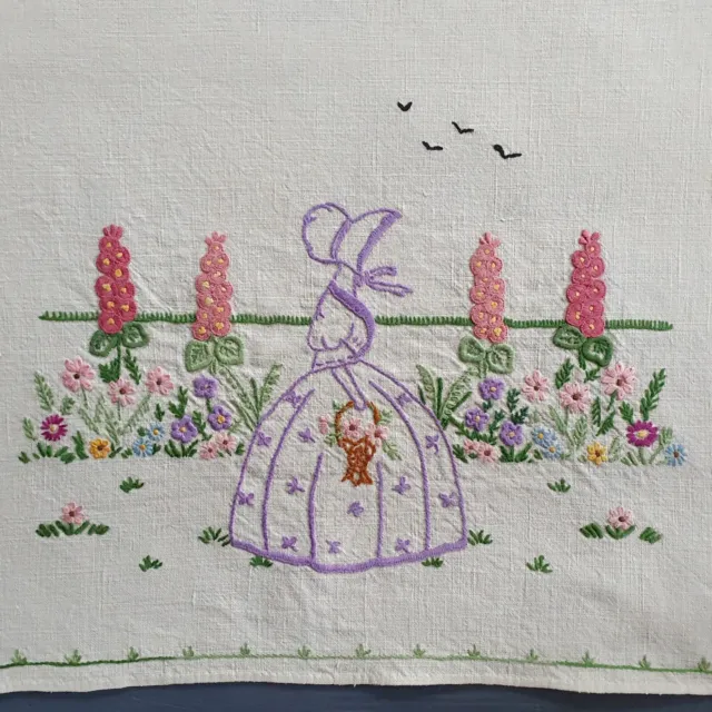 Vintage linen hand embroidered tray cloth, table place mat, super Crinoline lady