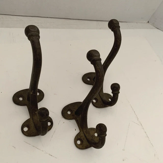3 Double Coat Hooks Farm House Barn Clothes Bath Robe Cast Iron Metal Vintage 2