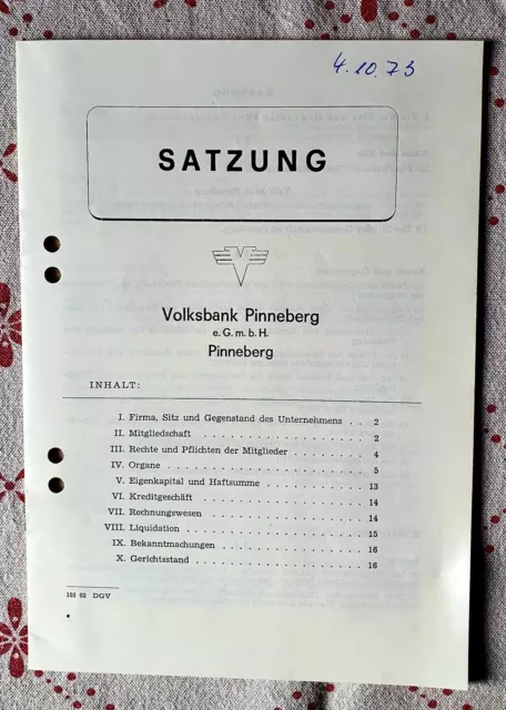 Rarität  1973  Satzung der Volksbank Pinneberg