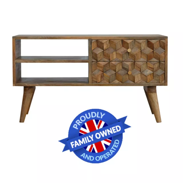 Nordic Dark Wood 2 Drawer Media TV Unit Stand Carved Handmade (FREE UK Delivery)