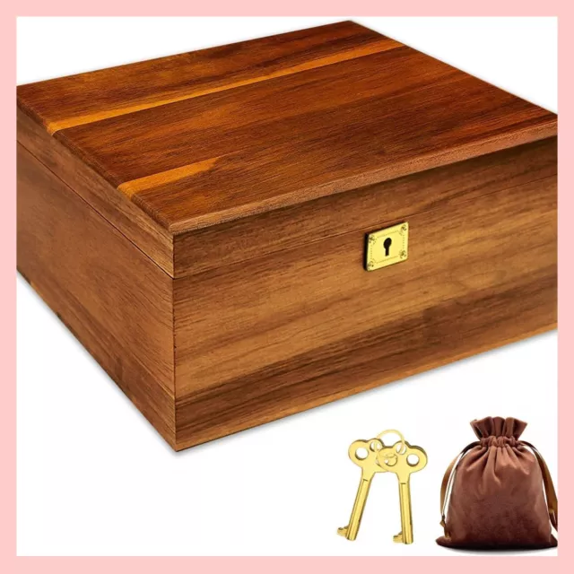 Wooden Storage Box with Hinged Lid and Locking Key - Large Premium Acacia Keepsa