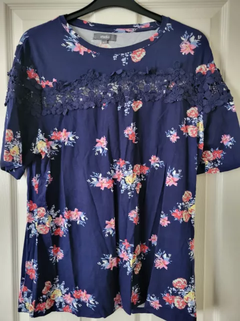 STUDIO Blue Pink Floral Stretch Lace detail Blouse T-Shirt Summer Top Size 20-22