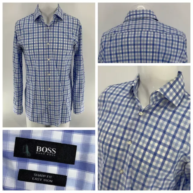 Hugo Boss Button Up Dress Shirt 15.5 Blue Check 100% Cotton Sharp YGI V3-115