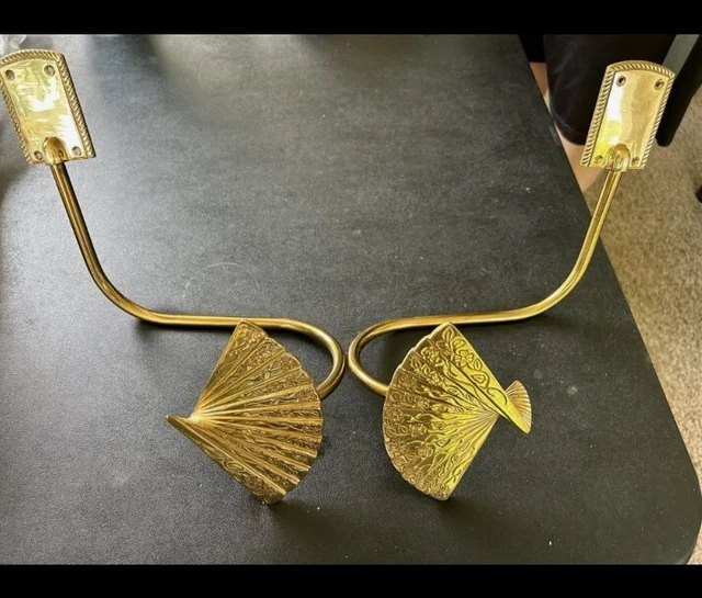 Vintage Pair Solid Brass  Fan Decorative Curtain Tie Backs Wall Mount