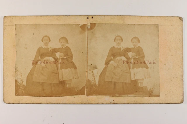 Porträt D’A Weiblich Und Kleines Mädchen c1865 Foto Stereo Albumin Vintage