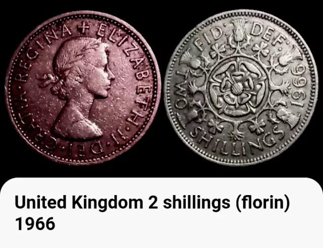 1966 Uk 2 Shillings Coin (See Pics For Grade) Queen Elizabeth Ii.