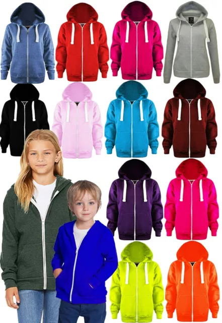 Boys Girls Kids New Cotton Plain Zip Hoodie Pullover Sweatshirt Age 7-13 Years