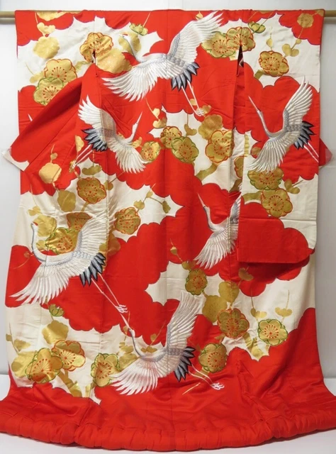 2214T04z3500 Vintage Japanese Kimono Silk UCHIKAKE Flying crane Red
