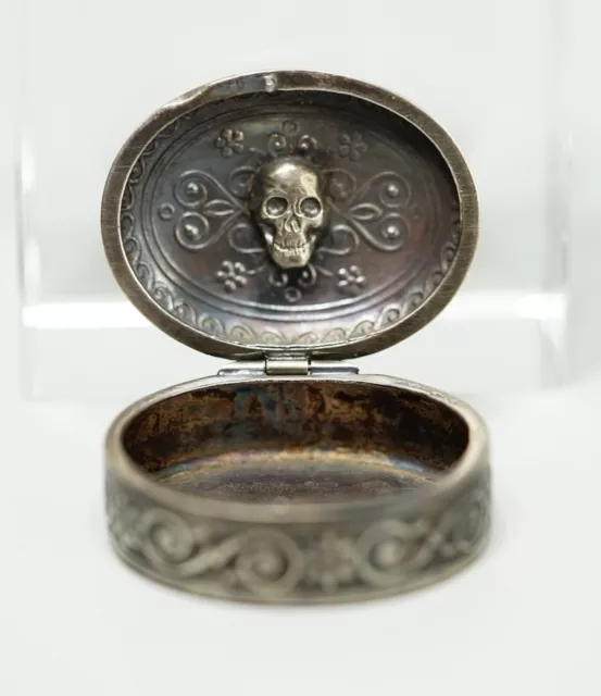 Antique Oval Sterling Silver Floral Pill Box Memento Mori Skull Lid Hallmarked