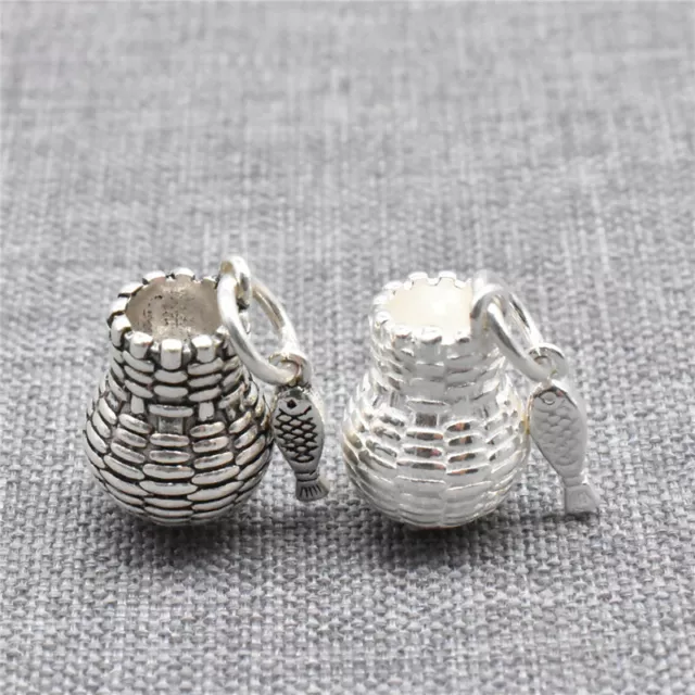 2 Sterling Silver Fish Basket Charms 925 Silver Sea Fishing Pendant for Necklace