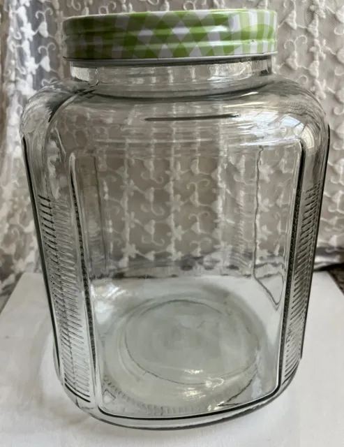 VTG Hoosier Style Jar Over 1 Gallon Storage Canister Square Glass Green Lid