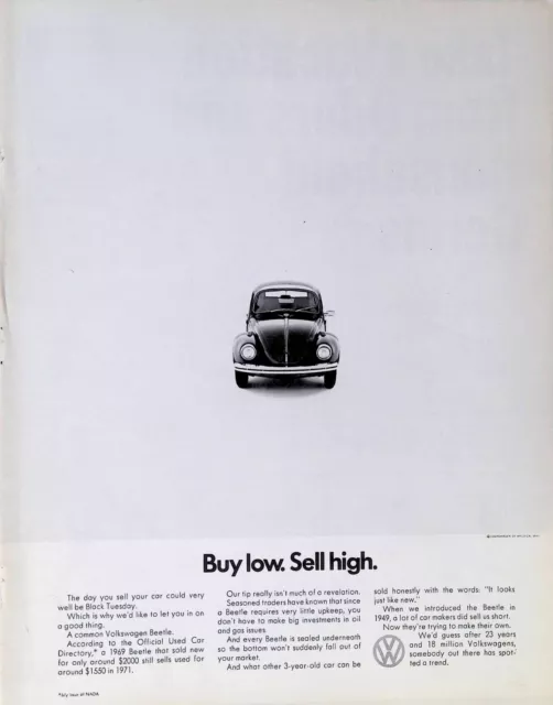Vintage Print Ad 1971 Volkswagen VW Beetle Bug Buy Low Sell High Black Tuesday