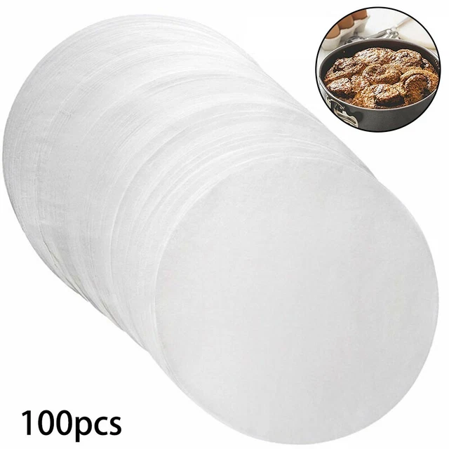 HAOSHICS 100 fodere di carta rotonda usa e getta forata pergamena in bambù per friggitrice ad aria, cestello per cottura a vapore, torte di cottura, forno olandese, tortiera (24 cm