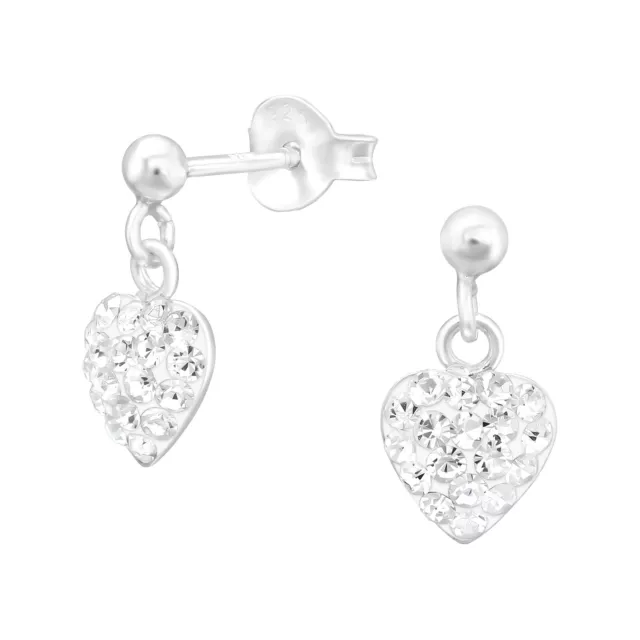 925 Sterling Silver Hanging Heart Clear Crystal Stud earrings Children's Kids