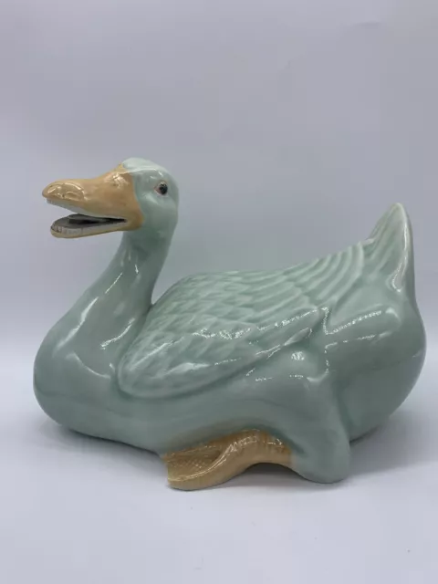 Vintage Chinese Duck Celadon Green Porcelain Mandarin Large Lying Glazed