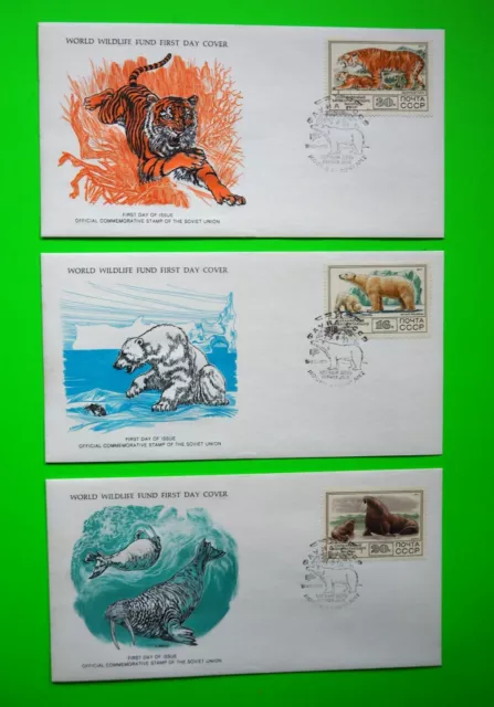 World Wildlife Fund 3- FDCs  1976-1979 SOVIET UNION Walrus, Polar Bear, Tiger