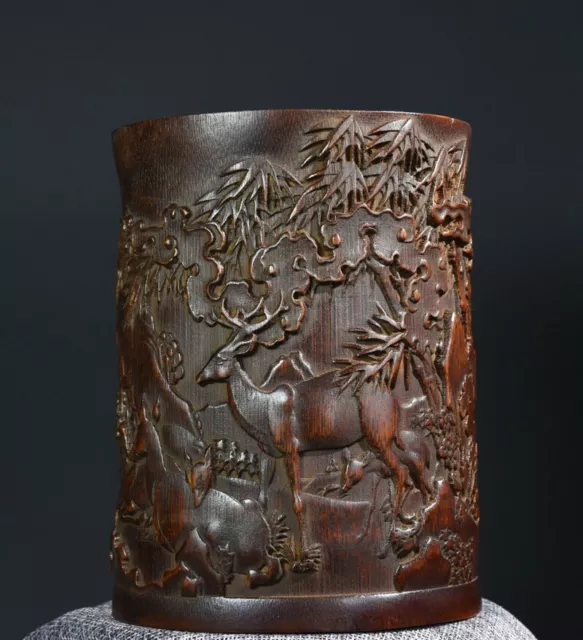 Exquisite Old Chinese Bamboo handcarved shou deer jar pots Pen holder 1969